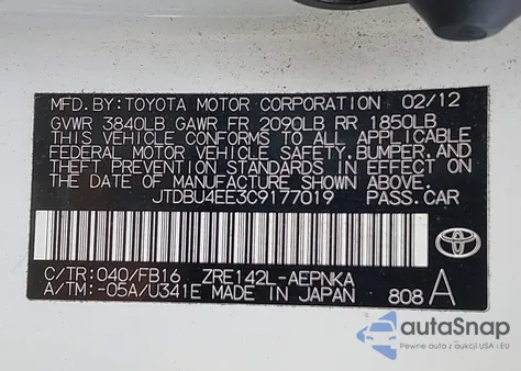 2012 Toyota Corolla Le из США, поврежденный, VIN JTDBU4EE3C9177019